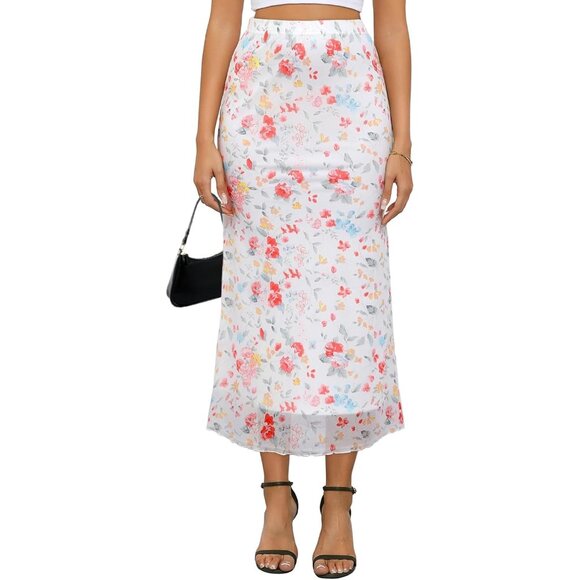 Y2K Inspired Women's Mesh Midi Skirt - Floral Print & Elastic High Waist Design - Picture 1 of 7